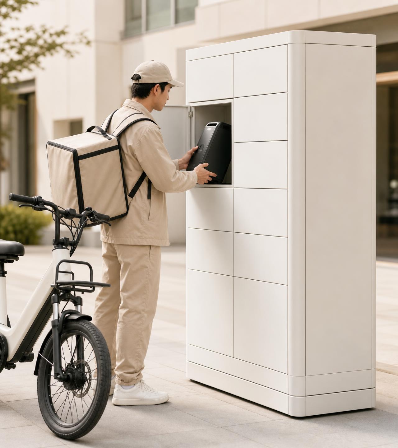 Kurier odbierający naładowaną baterię z urządzenia Mi.City